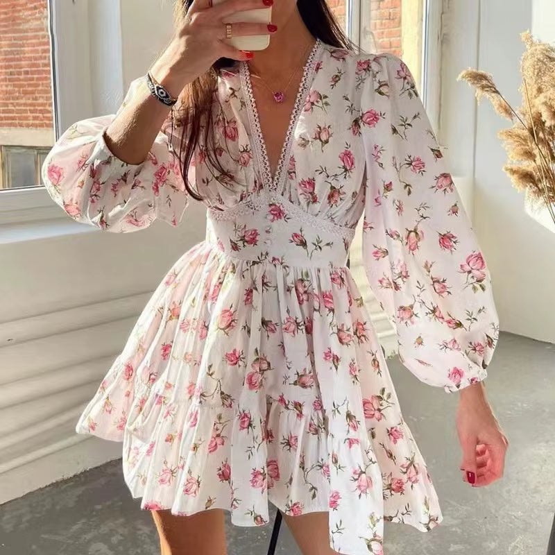 Spring Autumn Women'S New Dress Temperament Sweet Print V-Neck Lantern Sleeve Lace High Waist Short Dress