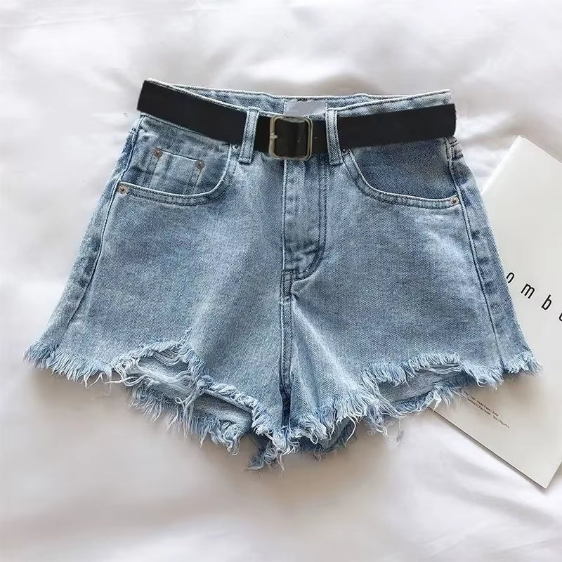 Women Casual High Street Denim Shorts with Belt Pocket High Waist A-Line Jean Shorts Versatile Ripped Trousers Summer Streetwear