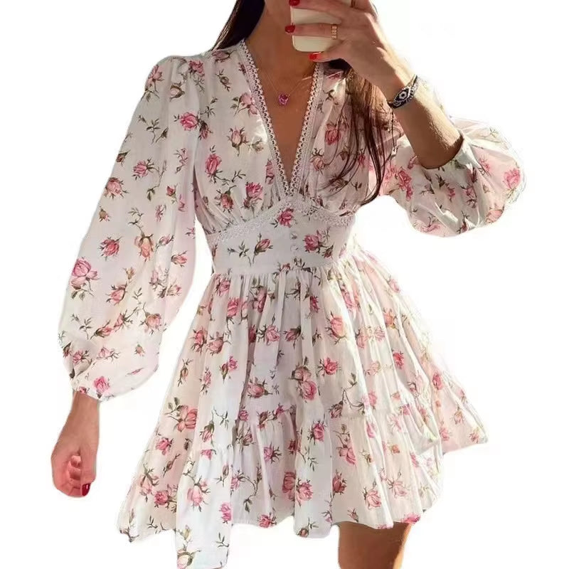 Spring Autumn Women'S New Dress Temperament Sweet Print V-Neck Lantern Sleeve Lace High Waist Short Dress