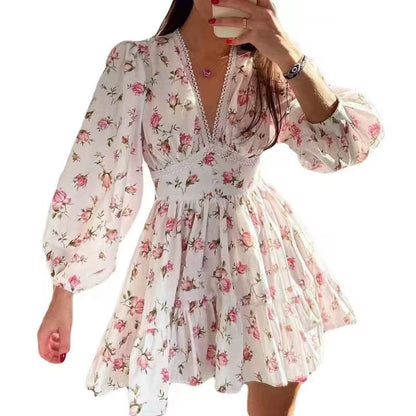 Spring Autumn Women'S New Dress Temperament Sweet Print V-Neck Lantern Sleeve Lace High Waist Short Dress