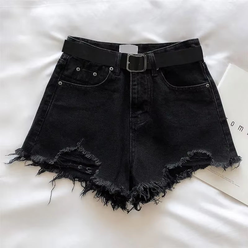 Women Casual High Street Denim Shorts with Belt Pocket High Waist A-Line Jean Shorts Versatile Ripped Trousers Summer Streetwear