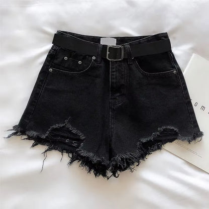 Women Casual High Street Denim Shorts with Belt Pocket High Waist A-Line Jean Shorts Versatile Ripped Trousers Summer Streetwear