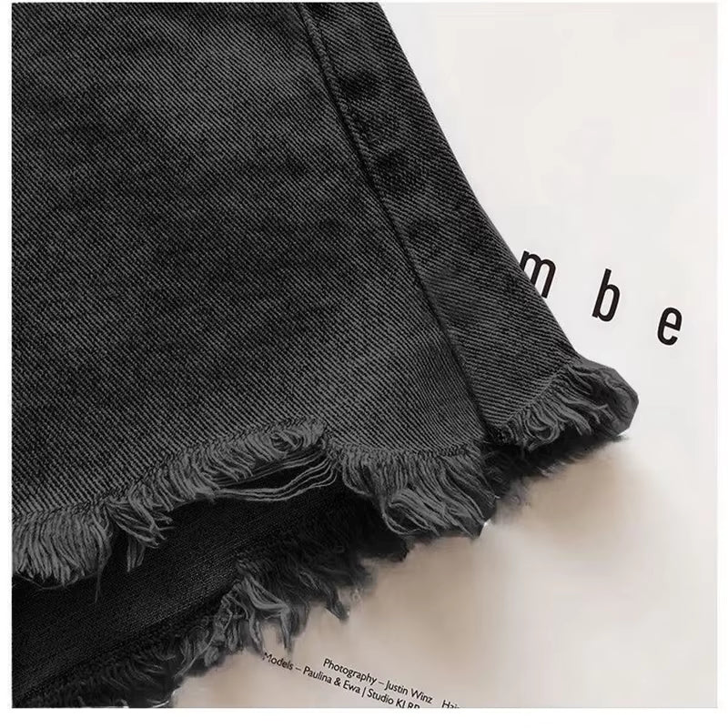 Women Casual High Street Denim Shorts with Belt Pocket High Waist A-Line Jean Shorts Versatile Ripped Trousers Summer Streetwear