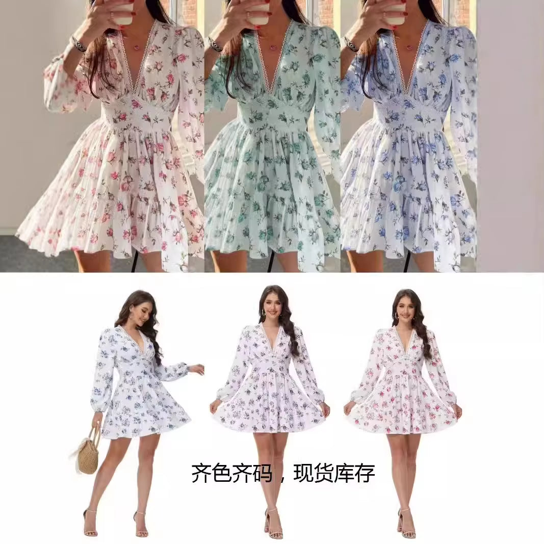 Spring Autumn Women'S New Dress Temperament Sweet Print V-Neck Lantern Sleeve Lace High Waist Short Dress