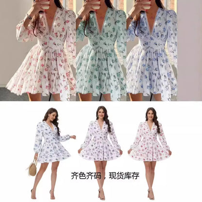 Spring Autumn Women'S New Dress Temperament Sweet Print V-Neck Lantern Sleeve Lace High Waist Short Dress