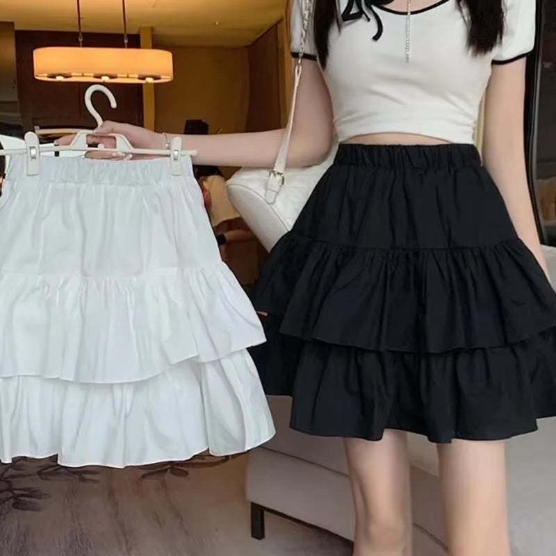 Pleated A-Line Skirt Women White Ruffle Sweet Tierred Pretty Style Skirt Elastic Waist Summer Slim Basic Korean Harajuku Dress