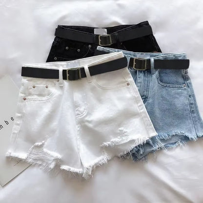 Women Casual High Street Denim Shorts with Belt Pocket High Waist A-Line Jean Shorts Versatile Ripped Trousers Summer Streetwear