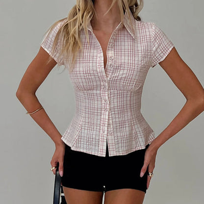 Women'S Y2K Short Sleeve Plaid Button down Shirt Button down Blouses Tops Casual Summer Shirt Tops 90S Streetwear