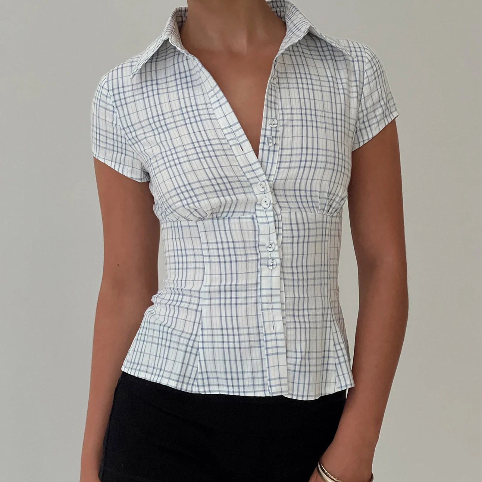 Women'S Y2K Short Sleeve Plaid Button down Shirt Button down Blouses Tops Casual Summer Shirt Tops 90S Streetwear