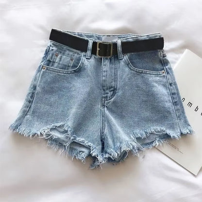 Women Casual High Street Denim Shorts with Belt Pocket High Waist A-Line Jean Shorts Versatile Ripped Trousers Summer Streetwear