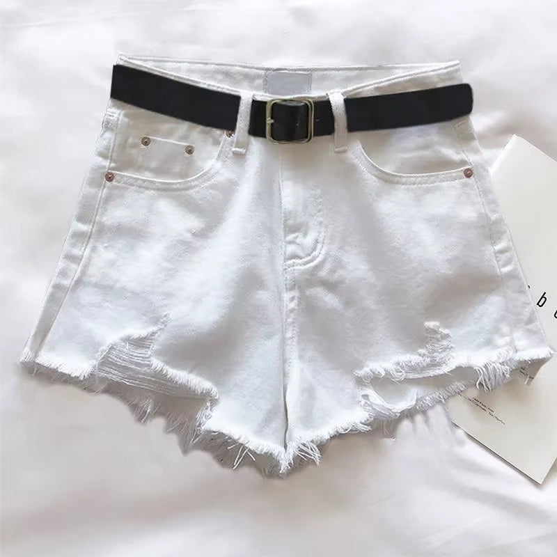 Women Casual High Street Denim Shorts with Belt Pocket High Waist A-Line Jean Shorts Versatile Ripped Trousers Summer Streetwear