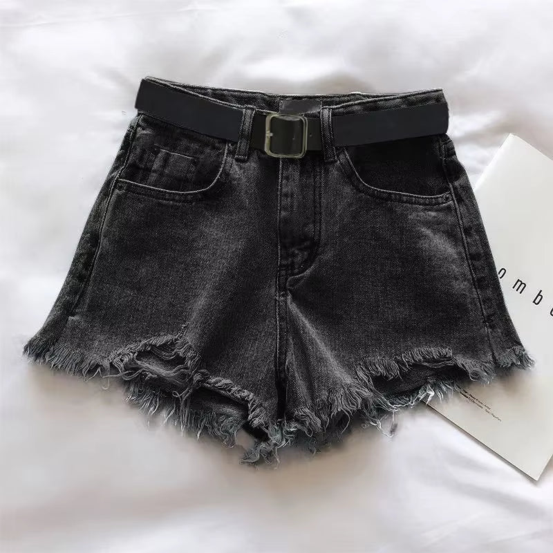 Women Casual High Street Denim Shorts with Belt Pocket High Waist A-Line Jean Shorts Versatile Ripped Trousers Summer Streetwear