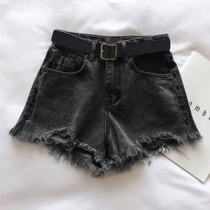 Women Casual High Street Denim Shorts with Belt Pocket High Waist A-Line Jean Shorts Versatile Ripped Trousers Summer Streetwear