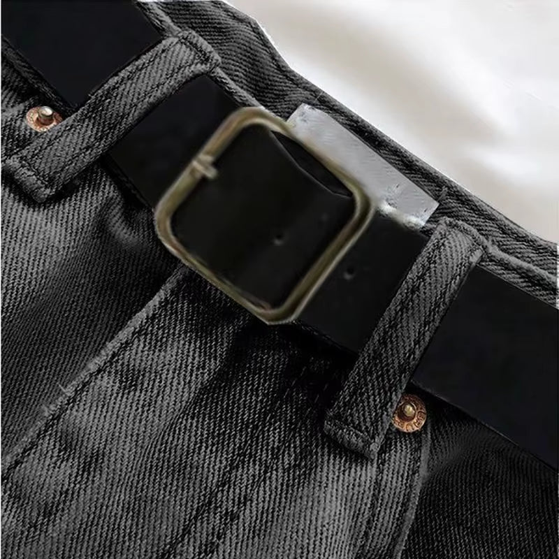 Women Casual High Street Denim Shorts with Belt Pocket High Waist A-Line Jean Shorts Versatile Ripped Trousers Summer Streetwear