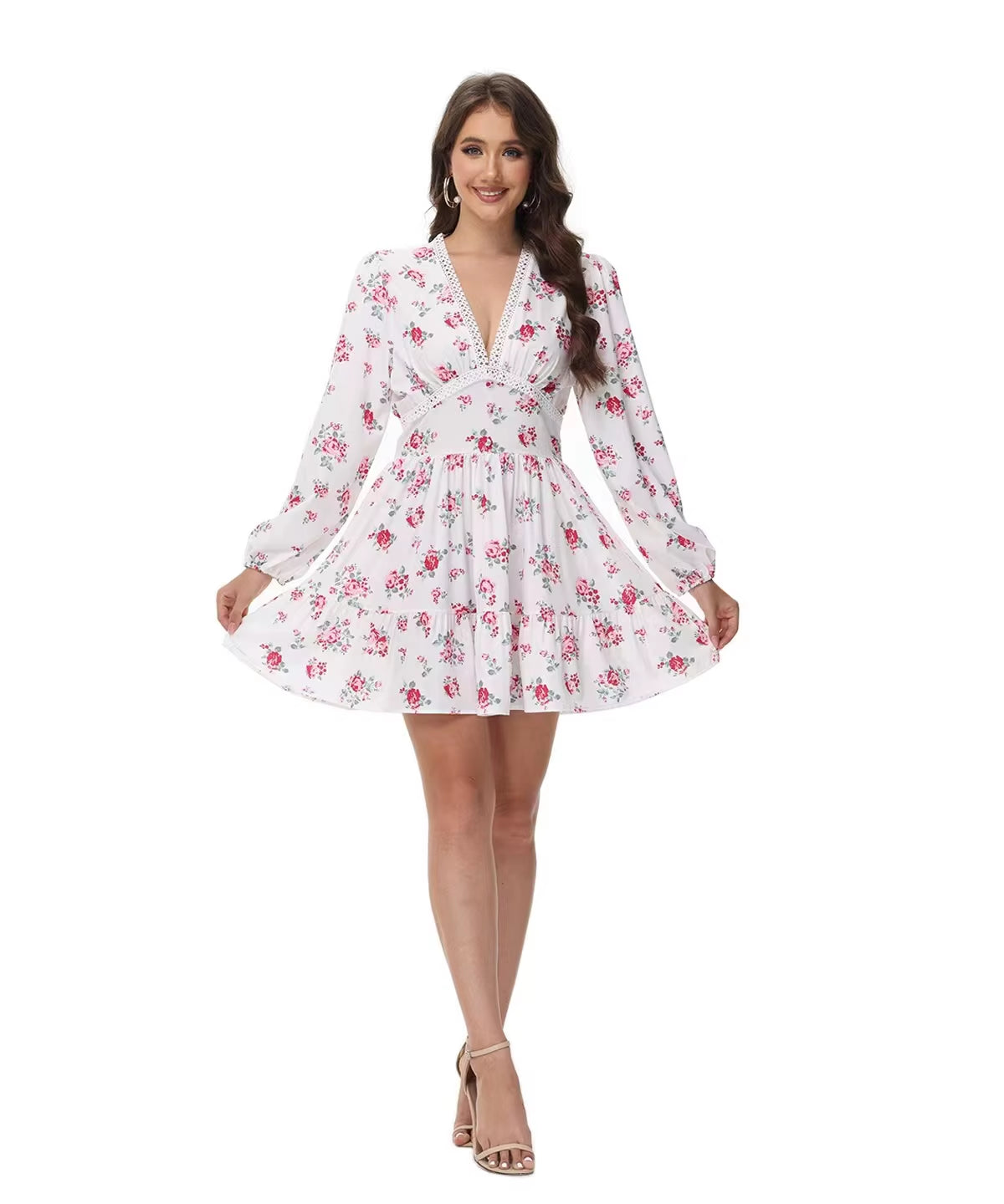 Spring Autumn Women'S New Dress Temperament Sweet Print V-Neck Lantern Sleeve Lace High Waist Short Dress