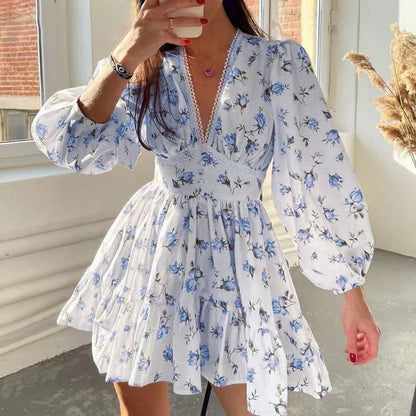 Spring Autumn Women'S New Dress Temperament Sweet Print V-Neck Lantern Sleeve Lace High Waist Short Dress